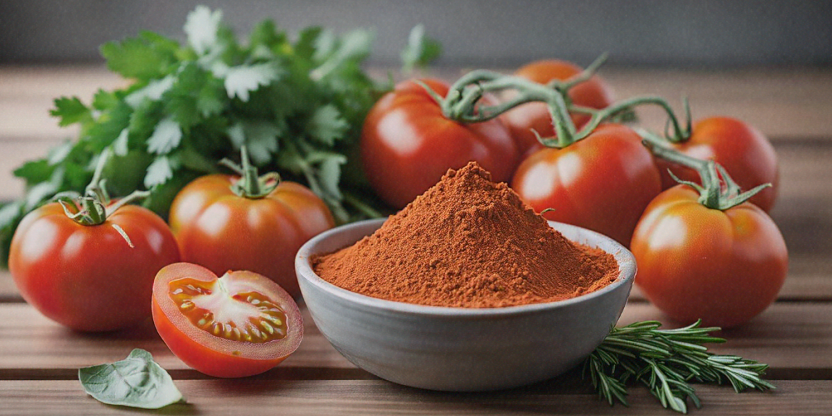 A bowl of bright red tomato powder surrounded by fresh tomatoes and green herbs on a wooden kitchen countertop.